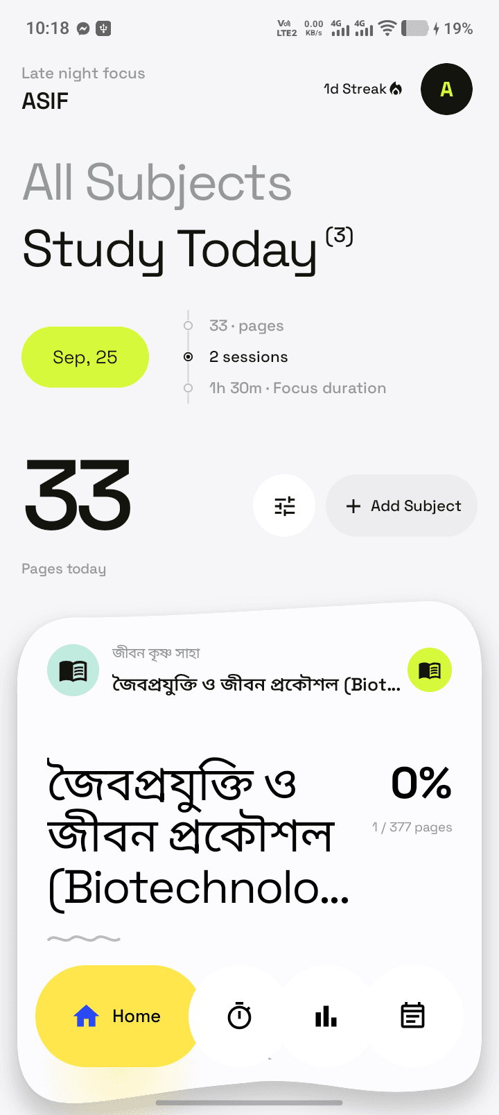StudyMate home screen, showing today's progress and subjects